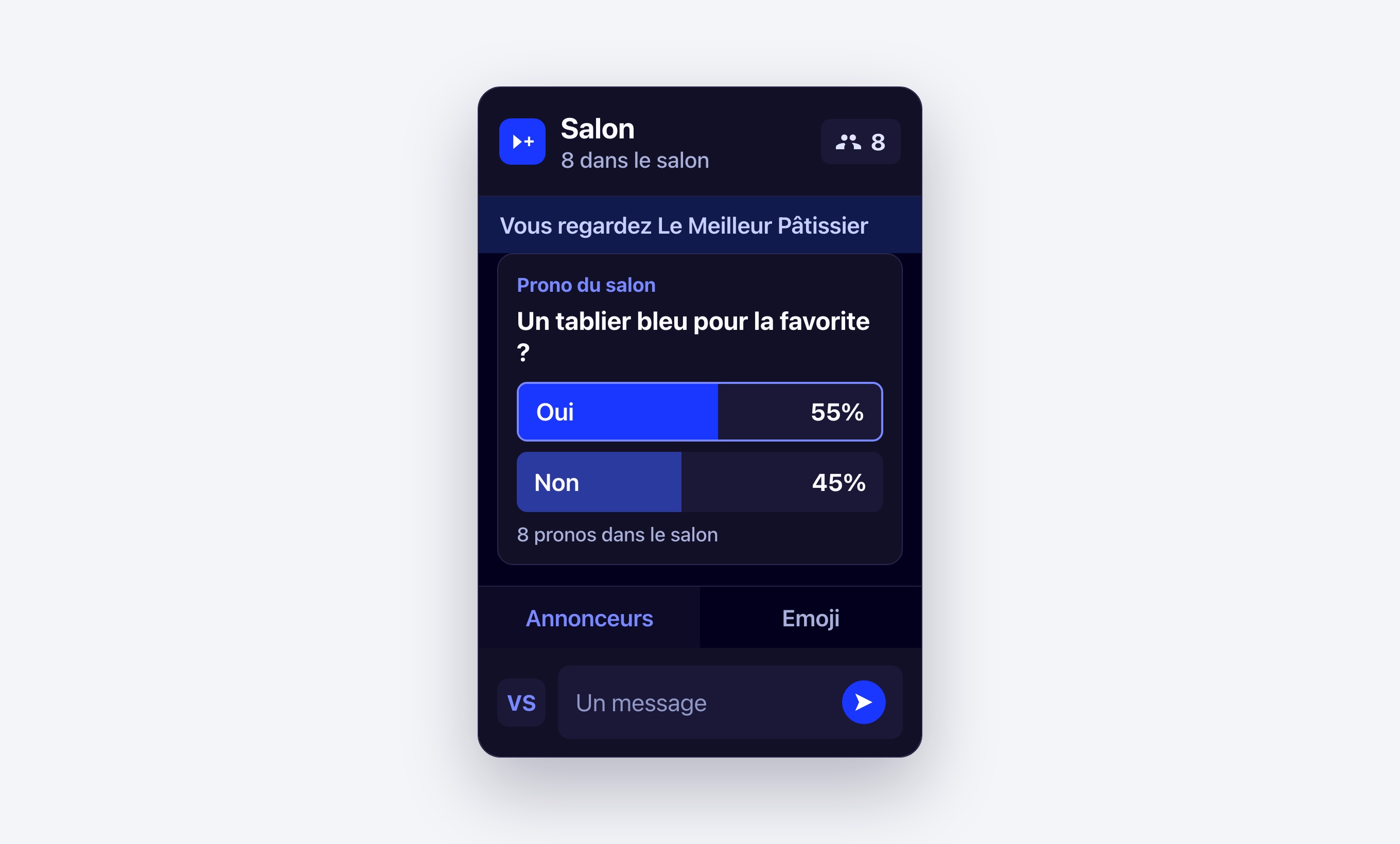 Un salon Viewer+ ouvert pendant Le Meilleur Pâtissier, avec le prono de la soirée