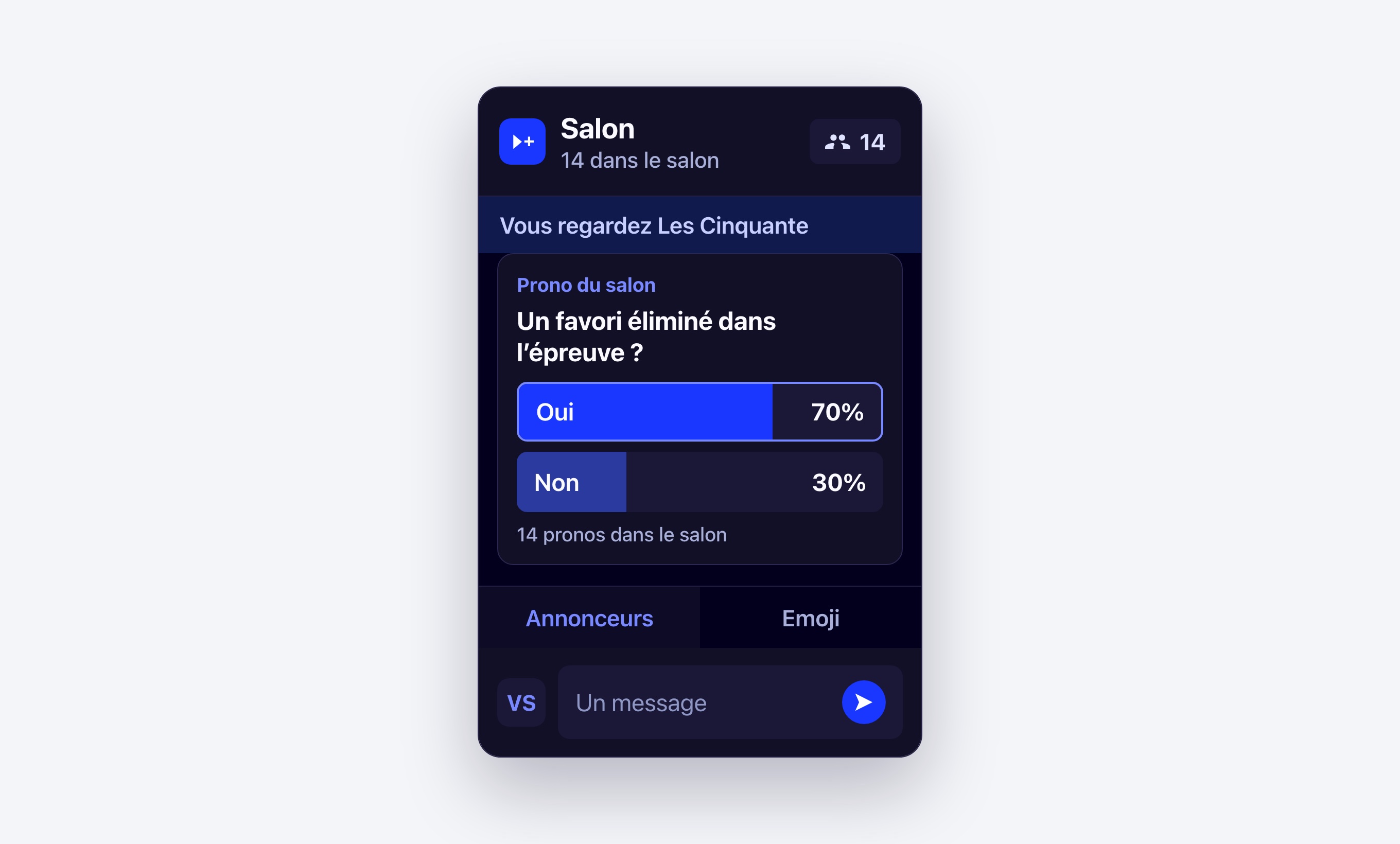 Un salon Viewer+ ouvert pendant Les Cinquante, avec le prono de la soirée