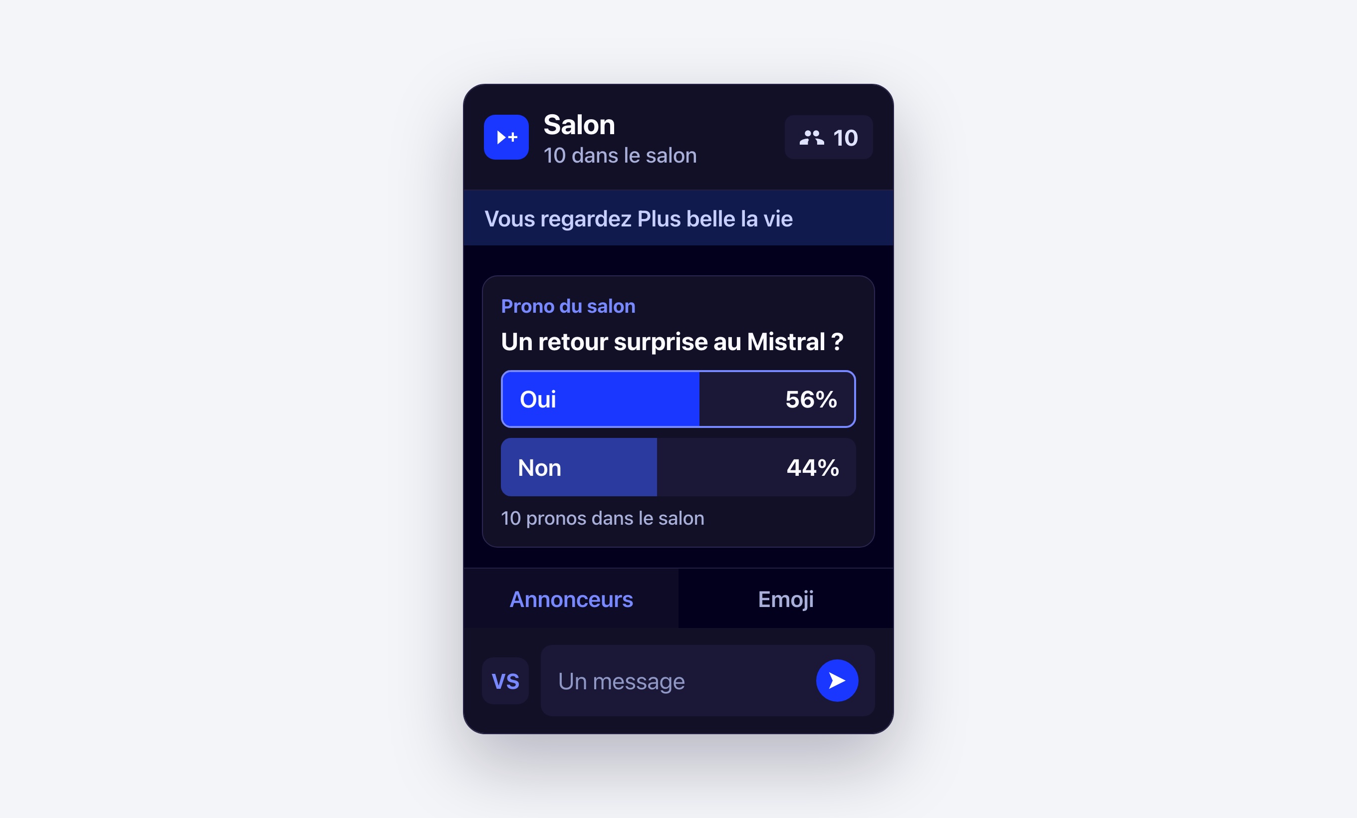 Un salon Viewer+ ouvert pendant Plus belle la vie, avec le prono de la soirée