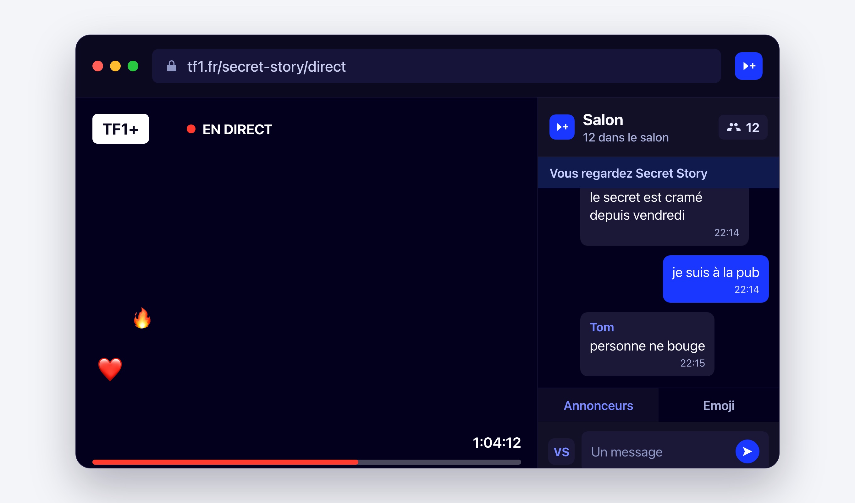 Le direct à gauche, le salon Viewer+ à droite, sur la page du diffuseur