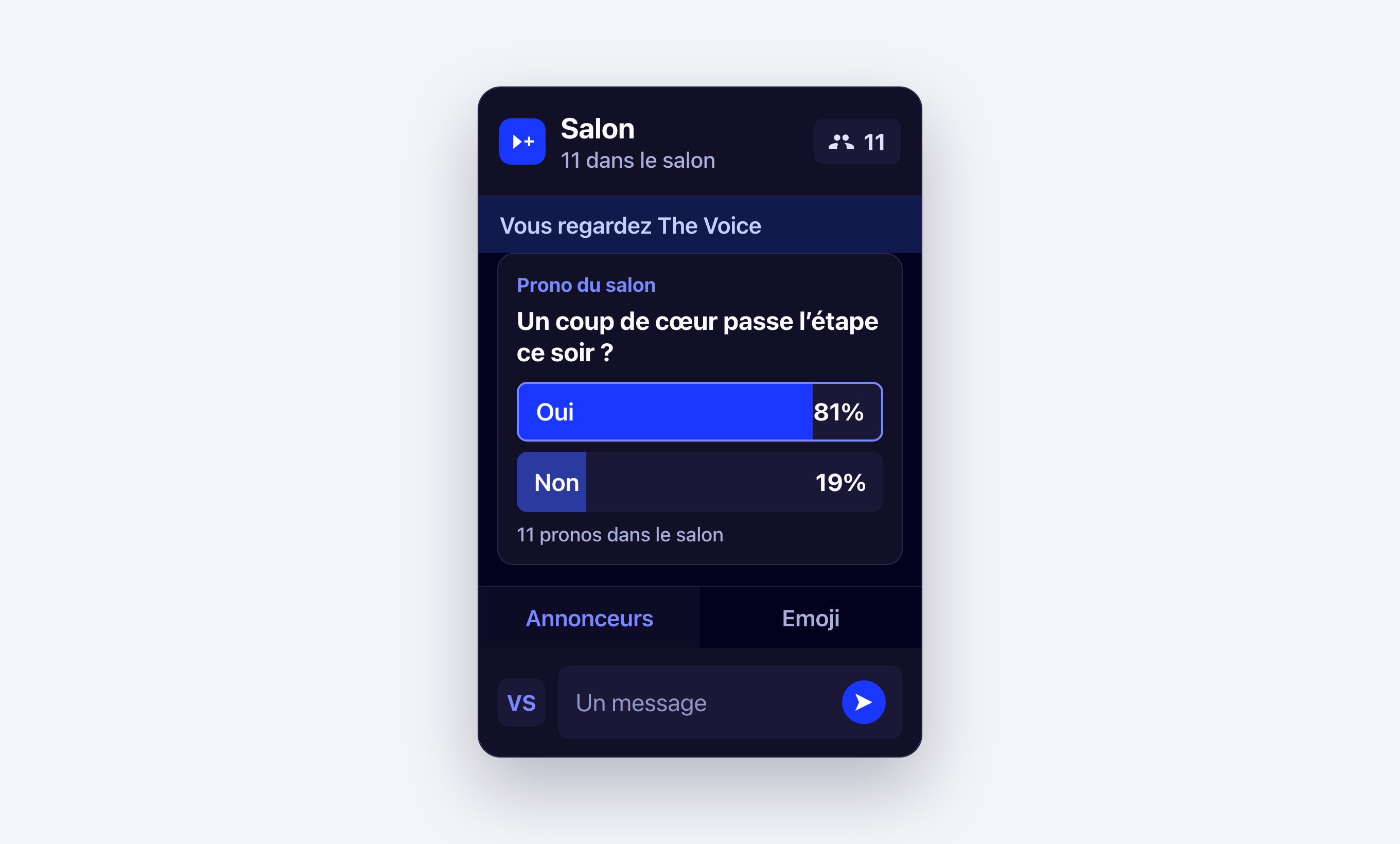 Un salon Viewer+ ouvert pendant The Voice, avec le prono de la soirée